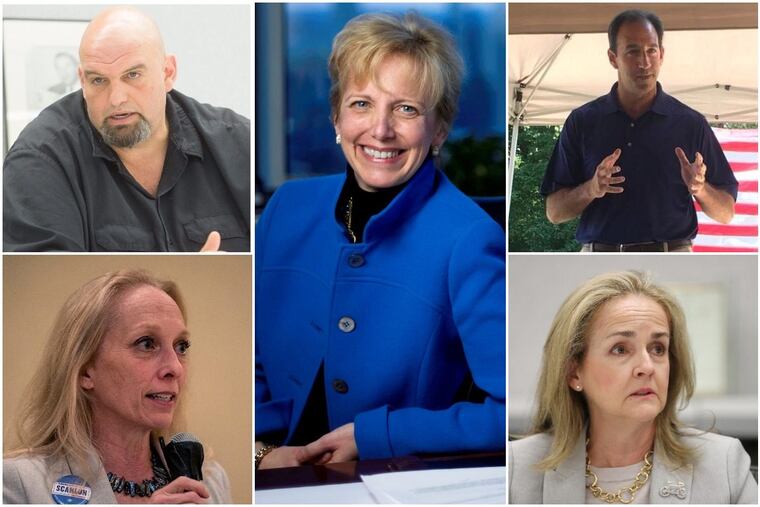 These candidates are endorsed by The Inquirer for the 2018 Pennsylvania primary election — John Fetterman (top left), Mary Gay Scanlon (bottom left), Laura Ellsworth (center), Jeff Bartos (top right), Madeleine Dean (bottom right.)