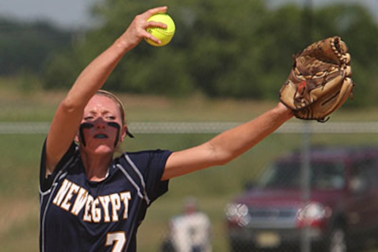 New Egypt winning pitcher Emily Bausher throws to Gloucester in the first inning of Monday's softball semifinal. (David M Warren/Staff Photographer)