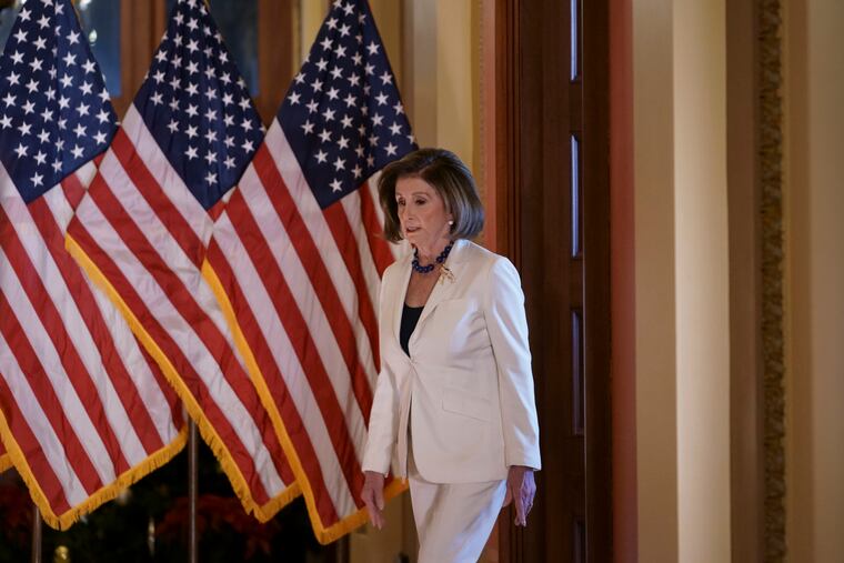 Speaker of the House Nancy Pelosi, D-Calif., arrives to make a statement at the Capitol in Washington, Thursday, Dec. 5, 2019.