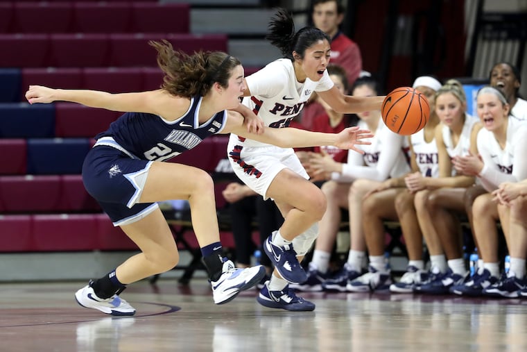 Kayla Padilla (right), pictured during a game against Villanova earlier this season, helped the Quakers take down La Salle on Tuesday night at Tom Gola Arena.
