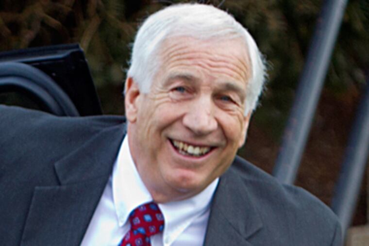 Jerry Sandusky arrives at court for a pretrial hearing in the Penn State abuse scandal. (Ed Hille / Staff Photographer)