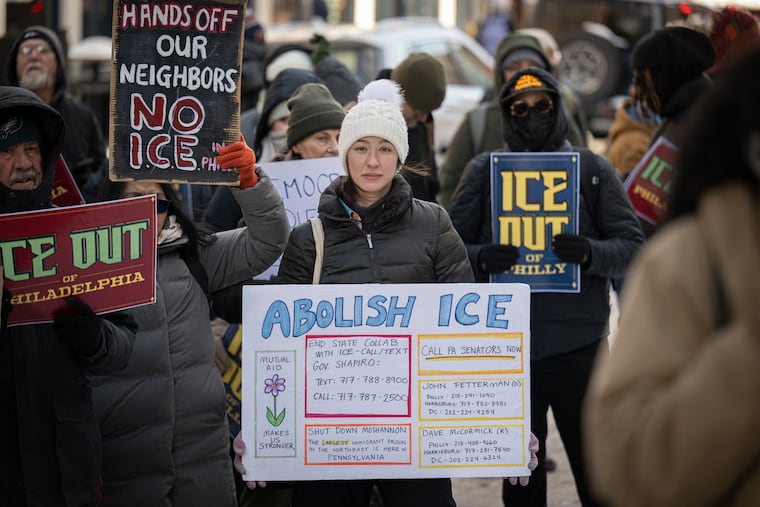 Anti-ICE activists demonstrate outside U.S. Sen. John Fetterman’s Philadelphia office, Jan. 27, 2026, calling for the senator to block funding for ICE and the Border Patrol.