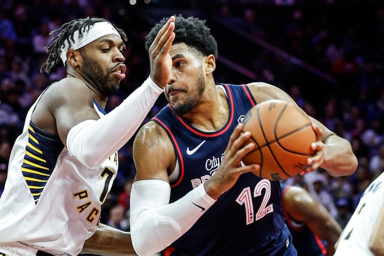 New 76er Buddy Hield guarding Tobias Harris during a Pacers-Sixers game at the Wells Fargo Center on Nov. 14.