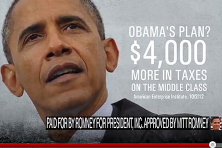 A screen capture of one of many online ads paid for by Republican presidential candidate Mitt Romney's campaign.