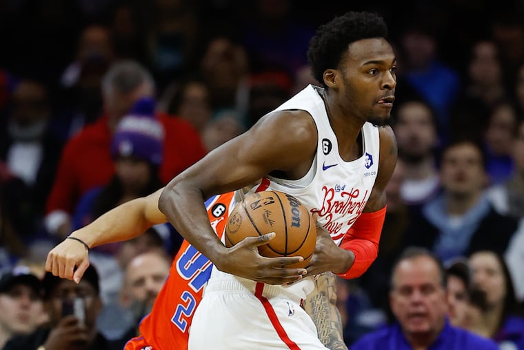 Sixers forward Paul Reed grabs the basketball against the Oklahoma City Thunder on Thursday, January 12, 2023 in Philadelphia.