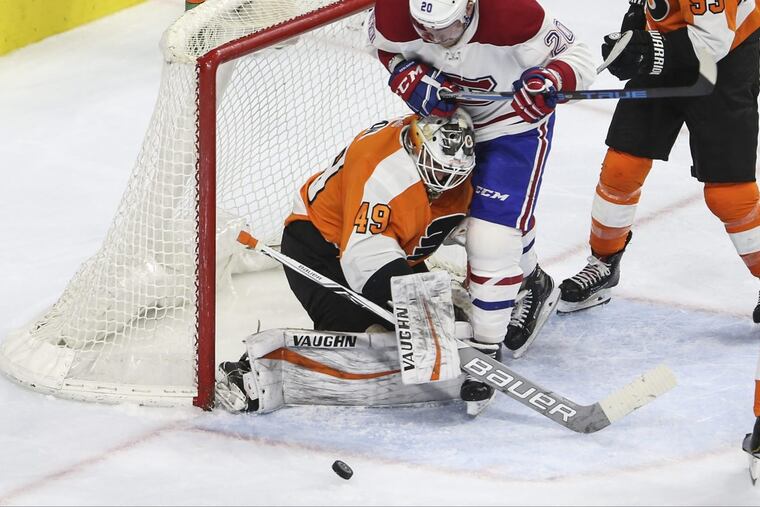 Flyers rookie goalie Alex Lyon, shown making a stop while Montreal’s Nicolas Deslauriers battles in front last month, will get the start Saturday night in Carolina.