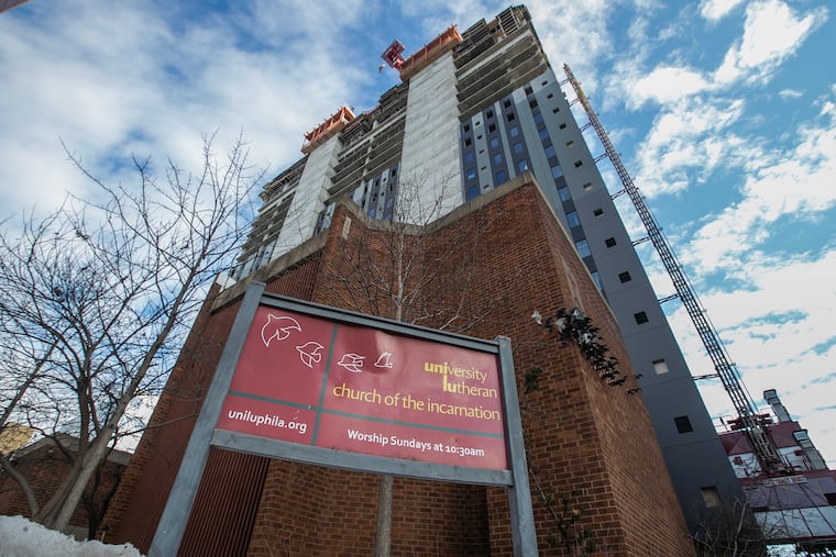 A student housing tower, known as The Mark, is being built next to the one -story University Lutheran Church at 3637 Chestnut St, Philadelphia. On Wednesday- a construction accident resulted in damage to the church, although no one was injured.