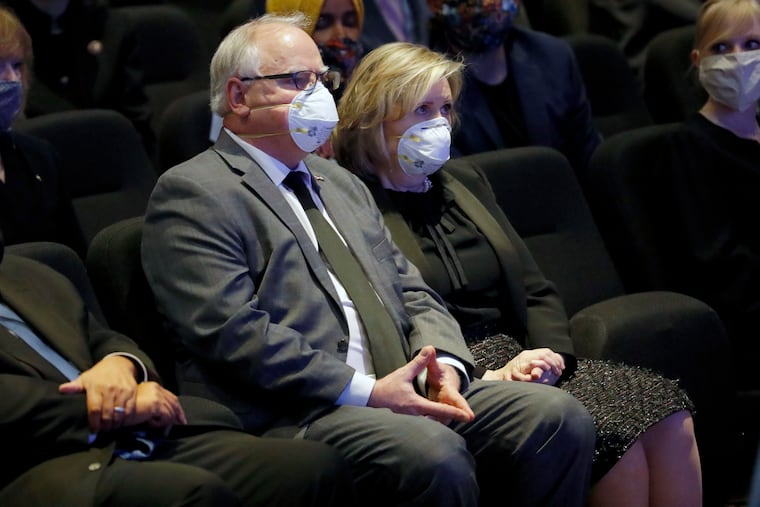 Minnesota Gov. Tim Walz and his wife, Gwen Walz, attended a memorial service for George Floyd at North Central University in Minneapolis on June 4.