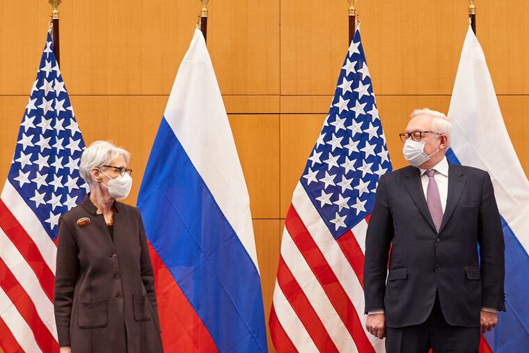 U.S. Deputy Secretary of State Wendy Sherman (left) and Russian Deputy Foreign Minister Sergei Ryabkov attend security talks at the United States Mission in Geneva on Monday.