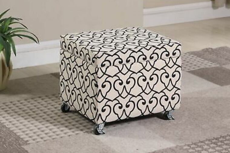 Beige Moroccan Heart Black Stencil Filing Storage Ottoman ($156, bkoog.com).