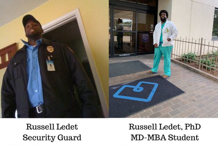 Russell Ledet in his job as a security guard at Baton Rouge General Medical Center in 2010 and as a medical student there in 2020.