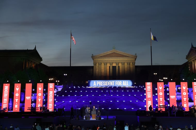The Philadelphia Museum of Art at dusk before a rally and concert supporting the candidacy of Vice President Kamala Harris on Monday, Nov. 4, 2024, the eve of Election Day.