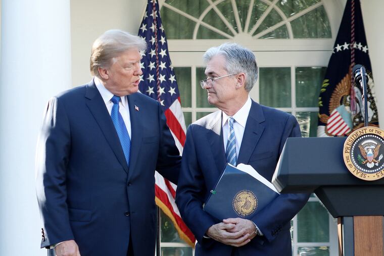 President Donald Trump, left, speaks as he announces his nominee for the chairman of the Federal Reserve, Jerome Powell, on November 2, 2017, during a news event in the Rose Garden at the White House in Washington, D.C. (William Moon/Abaca Press/TNS)