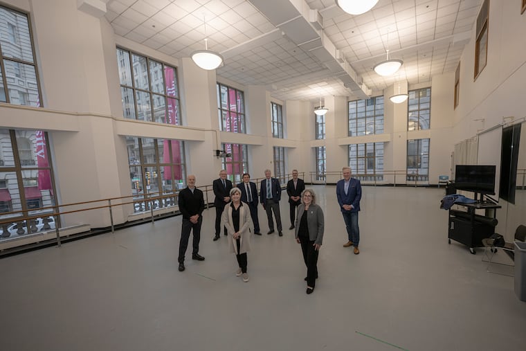 Temple University officials show off one of Terra Hall's signature dance studios.