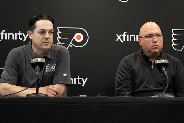 General manager Danny Brière (left) and assistant GM Brent Flahr will have plenty of options to consider with the 21st pick in the NHL draft later this month.