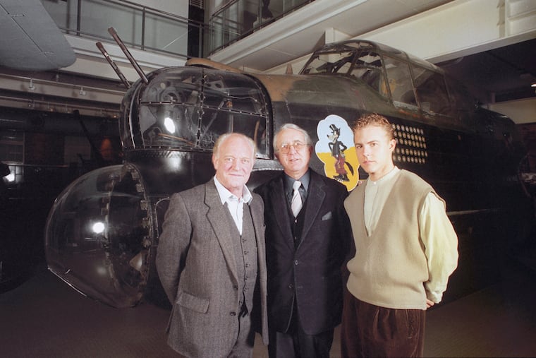 Author Len Deighton (center) poses for a photo in 1995 with actors Frank Windsor (left) and Sam West, who appear in a Radio 4 dramatization of Len Deighton's book, "Bomber Harris."