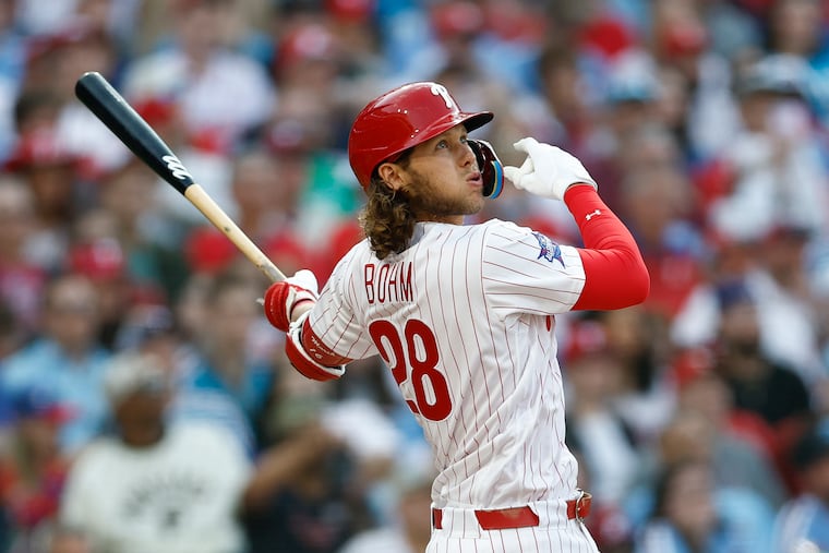 Phillies third baseman Alec Bohm bats against the Texas Rangers on Thursday.