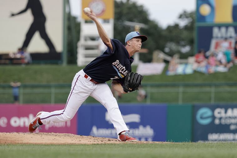Jersey Shore BlueClaws starter Mick Abel pitching against the Hudson Valley Renegades on July 8.