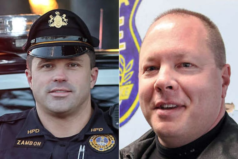 Former SEPTA cops Steven Zambon (left), now a Haverford police sergeant, and Eric Cohn (right), now a Philly police officer, helped a drug-addicted Douglas Kratz turn his life around.