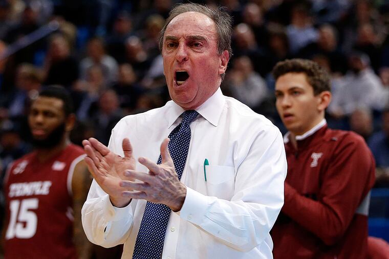 Temple Owls head coach Fran Dunphy watches from the sideline as they take in the Connecticut Huskies in the first half at XL Center.