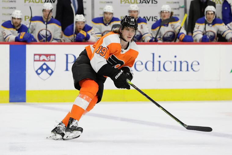 Center Nolan Patrick, skating against the Buffalo Sabres last month, was among the players on the ice for the Flyers on Tuesday in Voorhees.