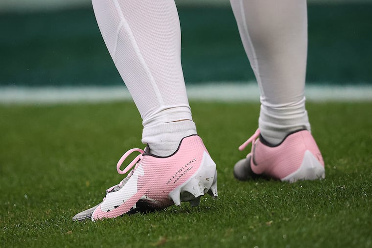 Britain Covey wears a pair of cleats for “My Cause My Cleats” week. His cleats read: “The Rachel Covey Foundation”