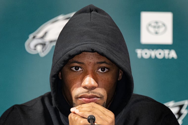 Philadelphia Eagles running back. Saquon Barkley take questions from reporters on Monday, March 10, 2025, after signing a large contract extension with the Philadelphia Eagles in Philadelphia, Pa.