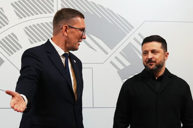 Estonia's Prime Minister Kristen Michal, left, and Ukraine's President Volodymyr Zelensky attend a Nordic and Baltic countries meeting in Tallinn, Estonia, Tuesday.