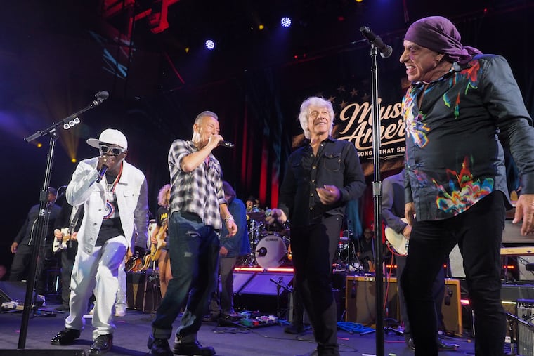 Flavor Flav, Bruce Springsteen, Jon Bon Jovi and Steven Van Zandt performing at the second night of the Music America: The Songs that Shaped Us concerts at the OceanFirst Bank Center on the Monmouth University campus in West Long Branch, N.J. The concerts celebrated the new Bruce Springsteen Center for American Music, which opens on June 13 on the Monmouth campus in West Long Branch.