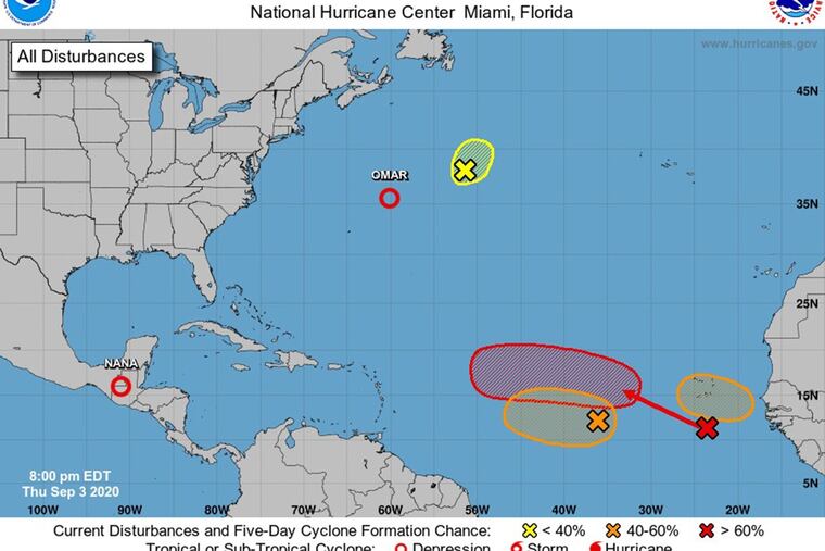 Five-day tropical outlook on the evening of Thursday, Sept. 3, 2020. The 2020 hurricane season is notable for the number of storms that developed in the mid-latitudes right off the U.S. coast. And it may become more frequent as climate change alters hurricane behavior, according to a new study.