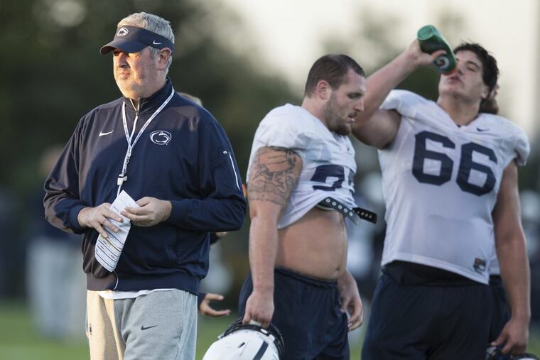 Penn State offensive coordinator Joe Moorhead during practice last season in State College, Pa.