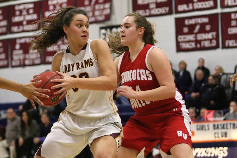 Mary Gedaka, left, is defended by Rancocas Valley’s Katie McShea during a high school game for Gloucester Catholic back in Feb. 2016. Gedaka scored 21 points for Villanova Friday in its 69-52 win over St. John’s.