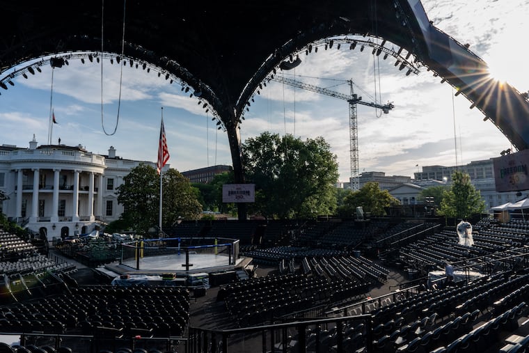 Members of the media view the arena for the UFC Freedom 250 fights on the South Lawn of the White House, Thursday, June 11, 2026, in Washington.