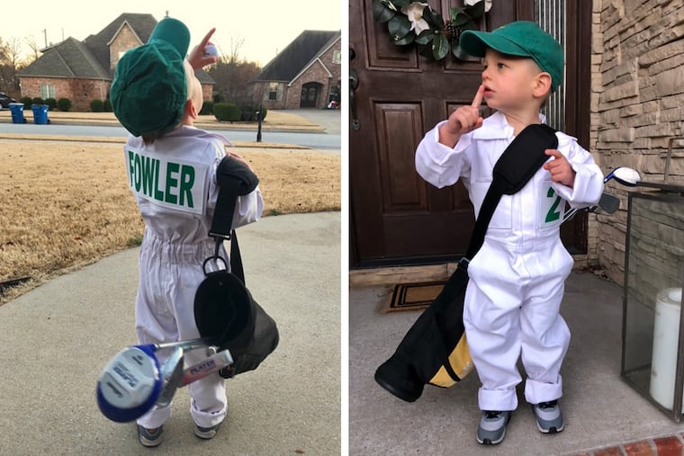Gideon Pillmore, son of Justin Pillmore, models the children's coveralls that his dad makes for the 3-par tournament that precedes the Masters in Augusta, Ga.