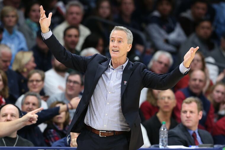 Coach Steve Donahue of Penn questions an official's call during their game against Villanova on Dec. 4, 2019 at the Finneran Pavilion at Villanova University