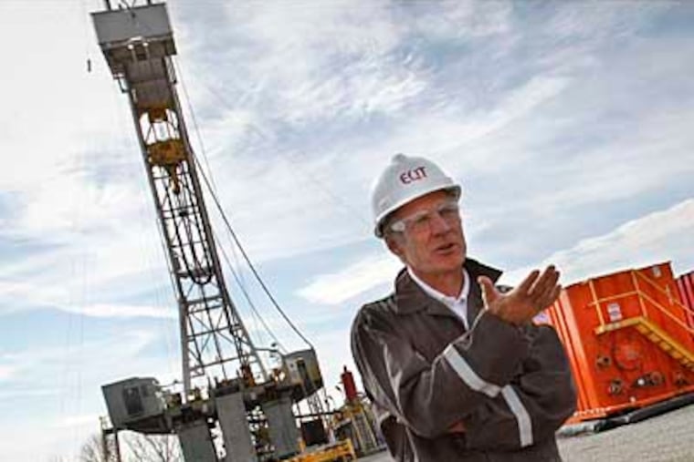 Andrew Place, corporate director of energy & environmental policy for EQT, talks about "green completion," the recapturing of natural gas as an alternative to flaring during well completions. Place was touring an EQT gas drilling rig near Waynesburg, Pa. on October 22, 2012.( Michael S. Wirtz / Staff Photographer )