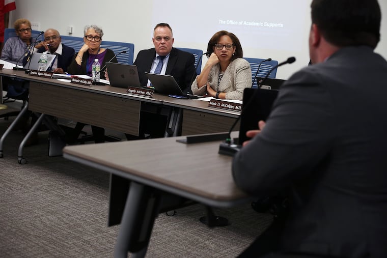 From left, Philadelphia Board of Education President Joyce Wilkerson and members Julia Danzy, Leticia Egea-Hinton, Chris McGinley, and Angela McIver listen as Strawberry Mansion High School principal Brian McCracken gives an update to the board's Student Achievement and Support Committee about his plans for the upcoming school year at the School District of Philadelphia headquarters in Philadelphia on Thursday, May 16, 2019.