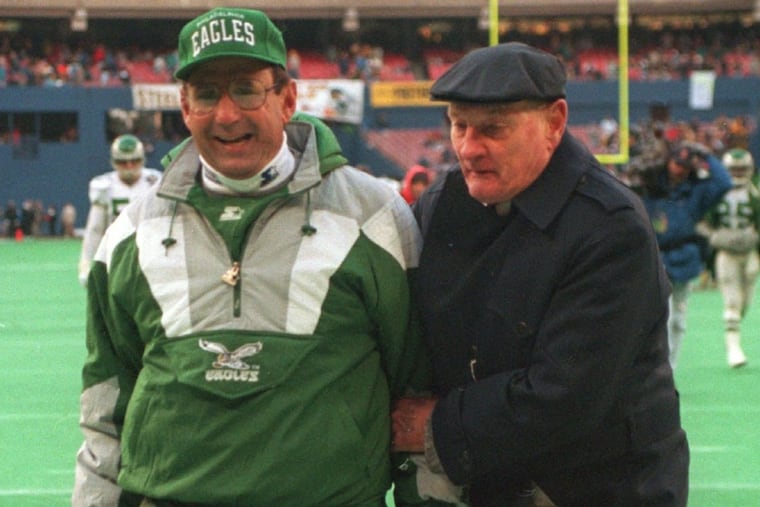 Former Eagles coach Rich Kotite with general manager Harry Gamble (right) in the early 1990s.