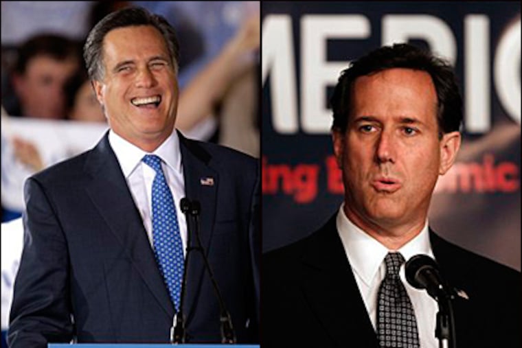 Republican presidential candidate Mitt Romney (left) smiles as he addresses supporters at a campaign rally in Boston on Tuesday. At right, opponent Rick Santorum speaks to supporters at an election-night party in Steubenville, Ohio, (AP Photos)