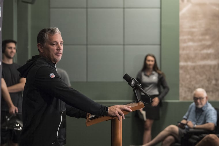 Philadelphia Eagles Defensive Coordinator Jim Schwartz speaks with members of the media during NFL football training camp at the NovaCare Center, Philadelphia. Monday, August 20, 2018. JOSE F. MORENO / Staff Photographer .