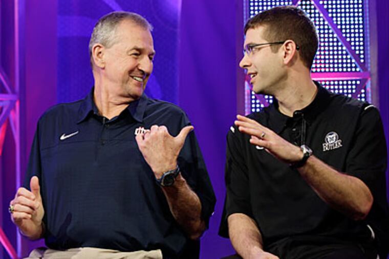 UConn's Jim Calhoun and Butler's Brad Stevens will provide a contrast of styles in tonight's championship game. (Eric Gay/AP)