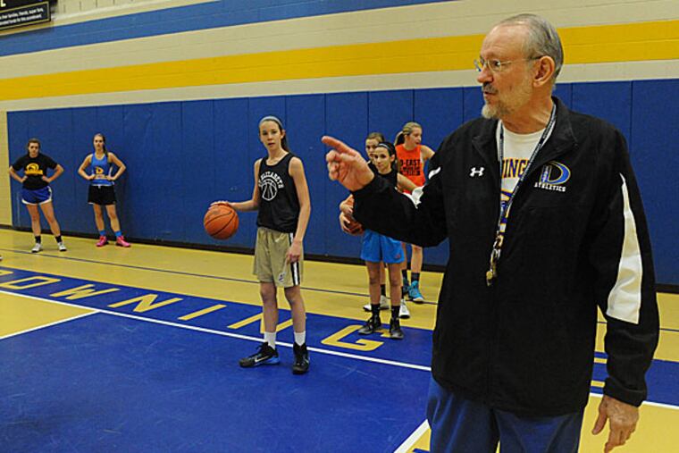 Longtime Downingtown East High girls basketball coach Bob Schnure
directs practice Nov. 25, 2014. Schnure retired after last season but
the school had difficulty finding a suitable replacement, so Schnure
agreed to return again for this season. (Clem Murray/Staff
Photographer)