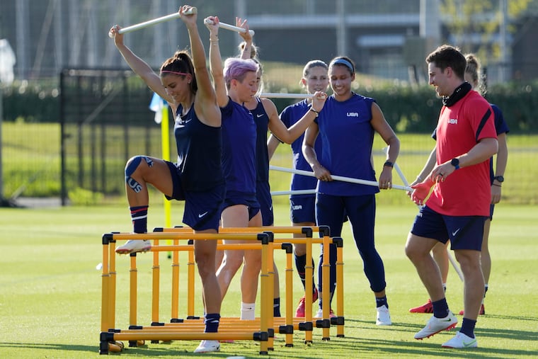U.S. soccer team players practicing on Saturday. They play their first game at the Olympics on Wednesday.