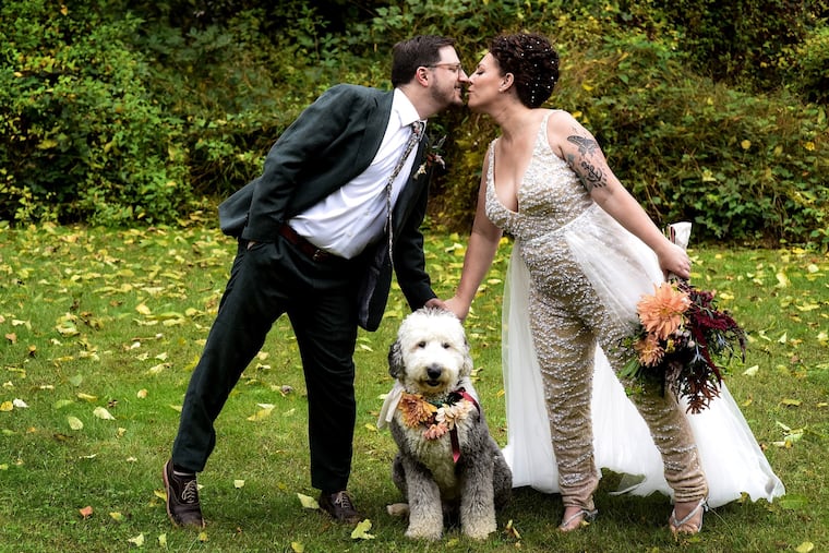 Andrew Panebianco and Lansie Sylvia have a kiss right over their dog -- after their "first look" at their wedding at Ridgeland Mansion, Philadelphia. on Oct. 9, 2021.