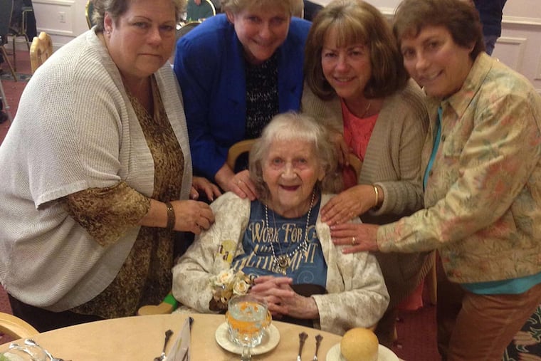 Hatboro's Edna Massimilla, just turned 100 and still writing songs, is surrounded by daughters (from left) Kathy Tramontana, Alice Cook, Joan Pascucci, and Mary Dunlap.