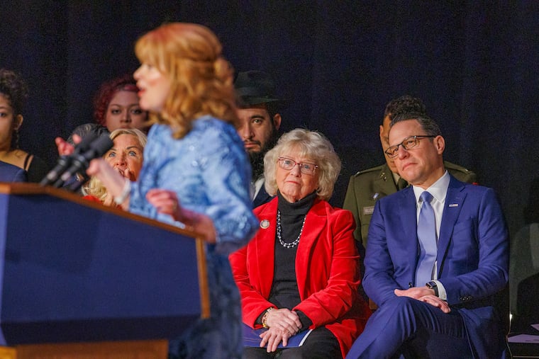At right is Pennsylvania Governor Josh Shapiro listening to Stacy Garrity, 78th State Treasurer, Forum Auditorium, Harrisburg, PA, Tuesday, Jan. 21, 2025. Day of her swearing in.