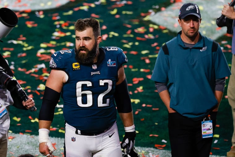 Philadelphia Eagles center Jason Kelce leaves the field after a Super Bowl LVII loss against the Kansas City Chiefs at State Farm Stadium on Sunday, Feb. 12, 2023, in Glendale, AZ.