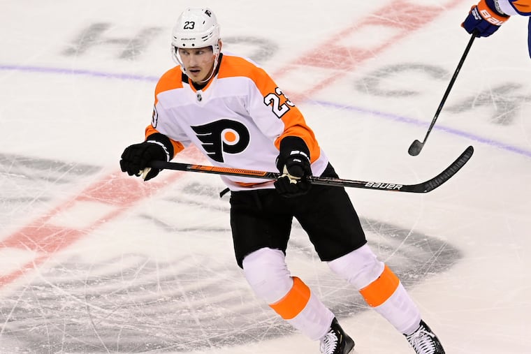 Philadelphia Flyers left wing Oskar Lindblom, returning to the lineup after battling cancer, skates up the ice during the second period against the New York Islanders in Game 6 of an NHL hockey second-round playoff series in Toronto on Thursday, Sept. 3, 2020. (Frank Gunn/The Canadian Press via AP)
