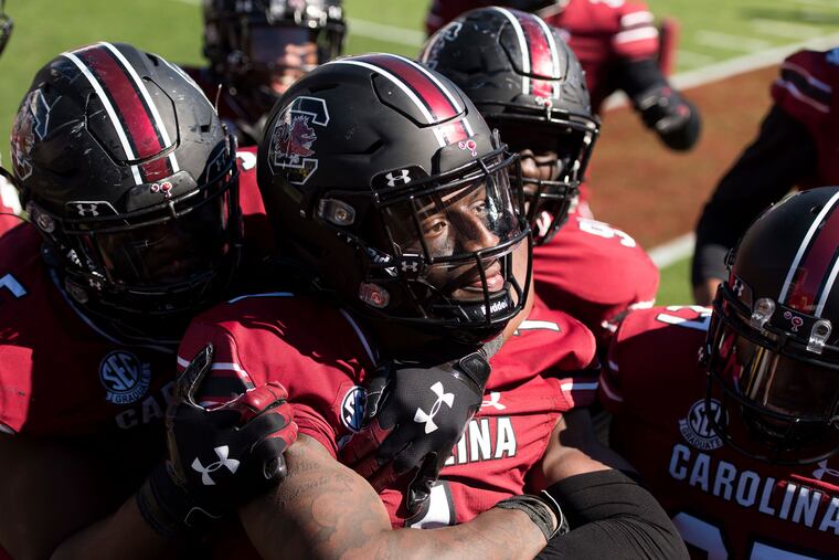 South Carolina defensive back Jaycee Horn celebrating his second interception during the second half of an October game against Auburn in Columbia, S.C.