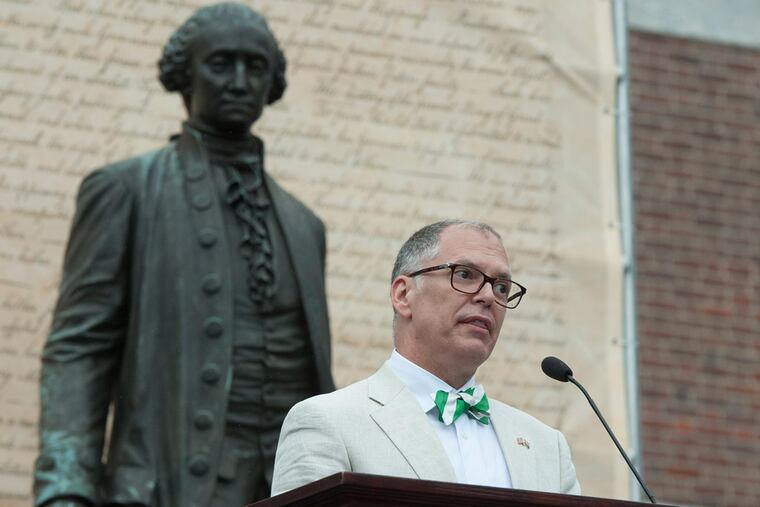 Jim Obergefell, lead plaintiff in the Supreme Court ruling that legalized gay marriage, speaks during the National LGBT 50th Anniversary ceremony in front of Independence Hall, July 4, 2015. ( CLEM MURRAY / Staff Photographer )